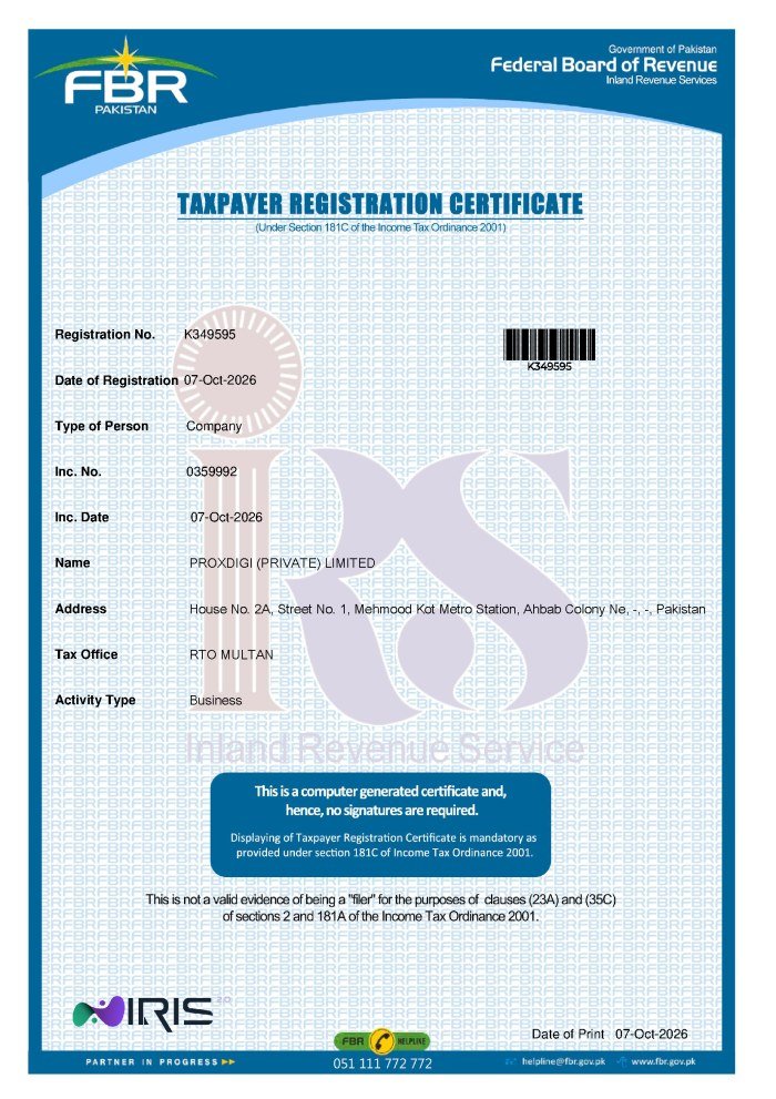 FBR Taxpayer Registration Certificate - PROXDIGI (PRIVATE) LIMITED