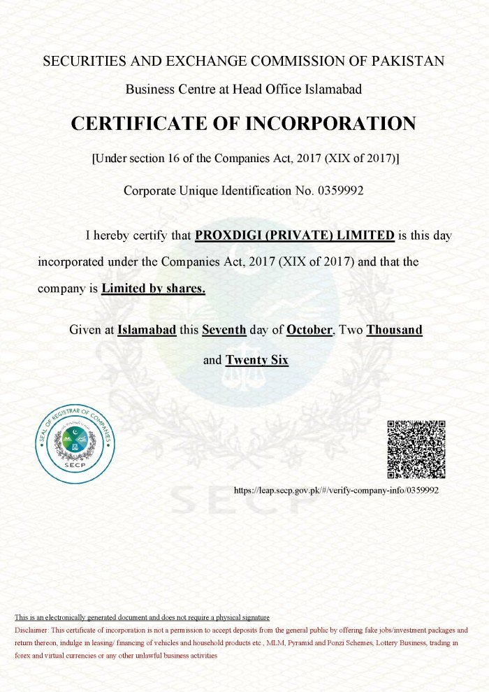 SECP Certificate of Incorporation - PROXDIGI (PRIVATE) LIMITED