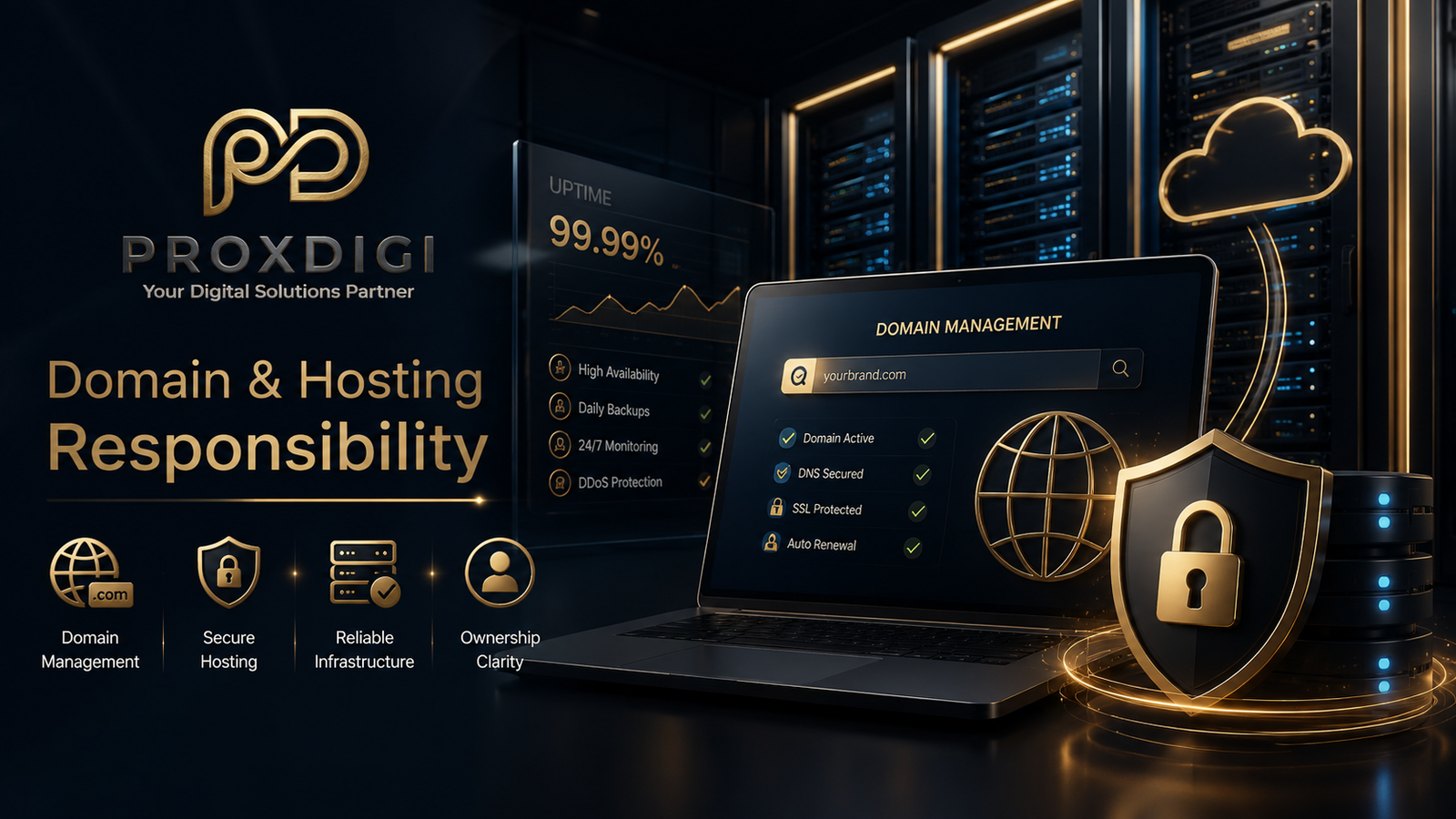 Domain and hosting responsibility with client ownership and infrastructure awareness