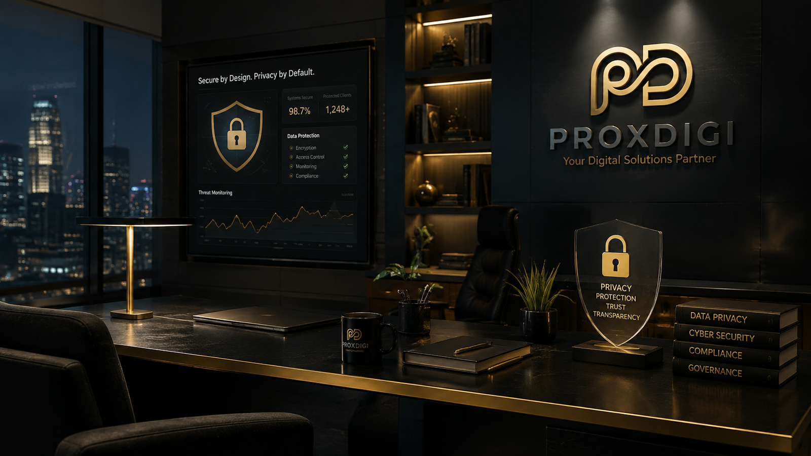 ProxDigi privacy policy hero visual showing premium branded privacy and data protection environment