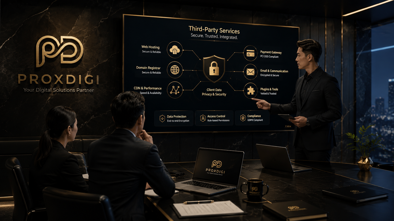 Third-party services visual showing hosting, domains, communication, and plugins