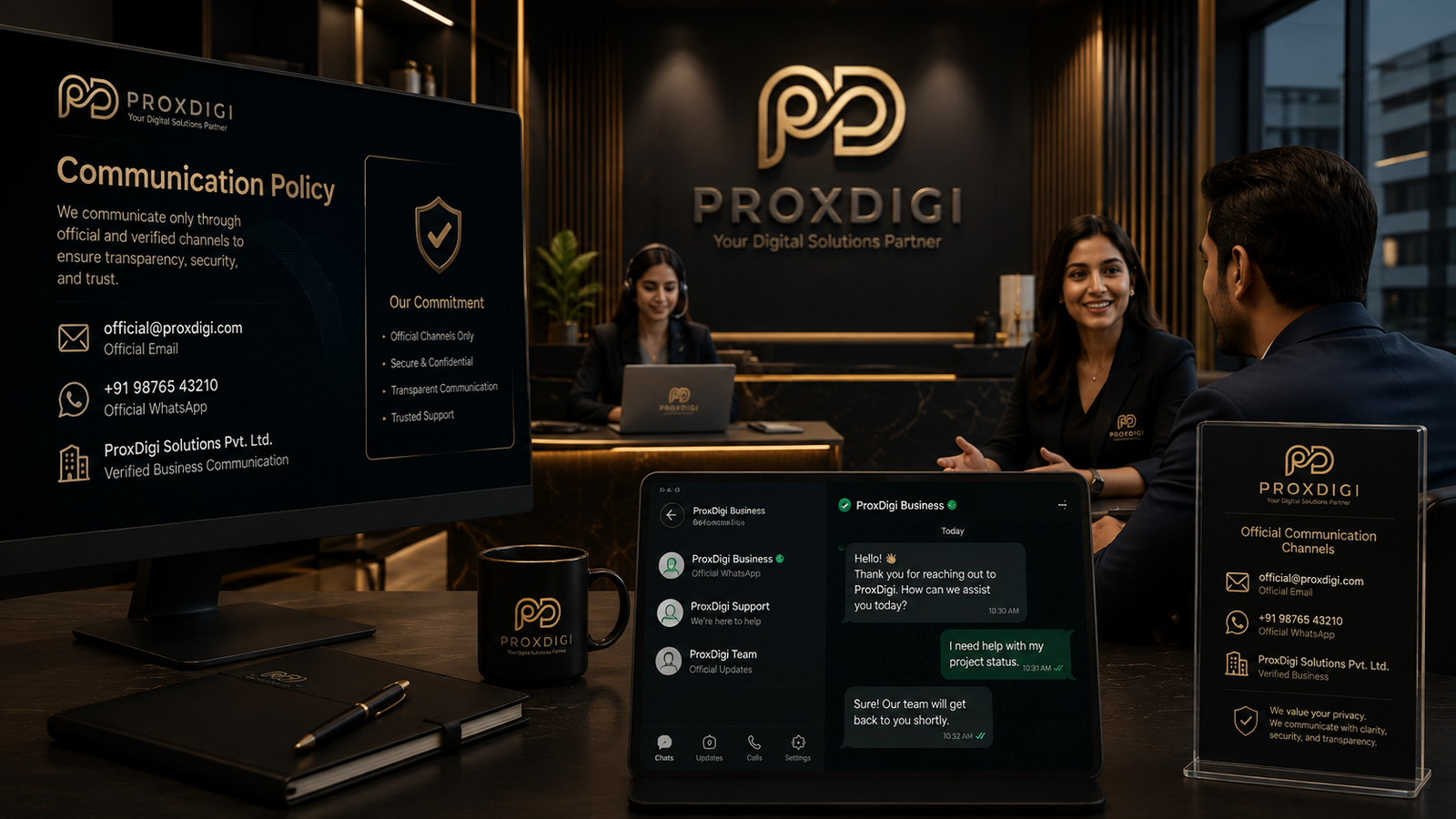 Official communication policy visual showing ProxDigi verified communication channels
