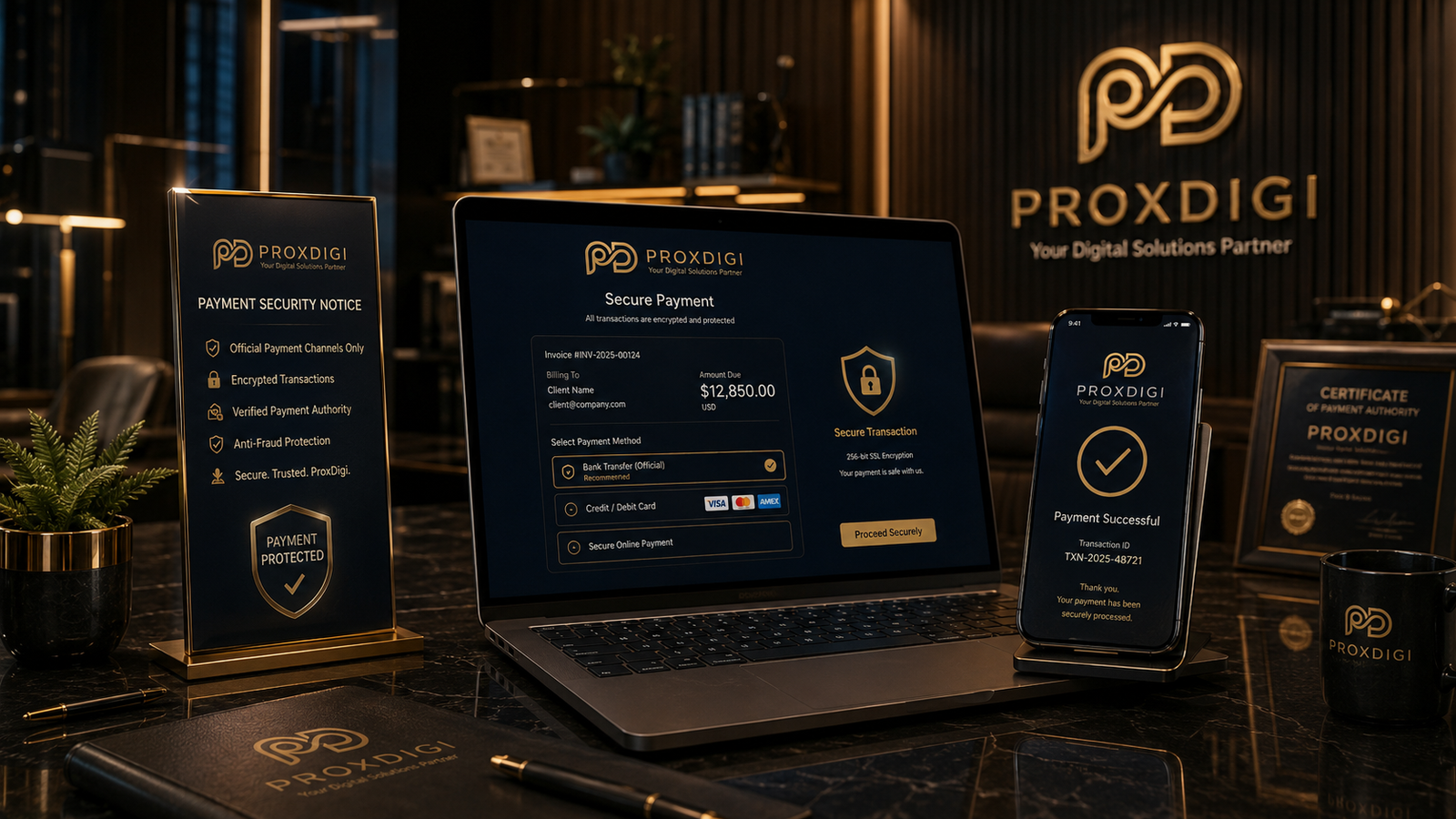 Payment security notice visual with secure official payment channel