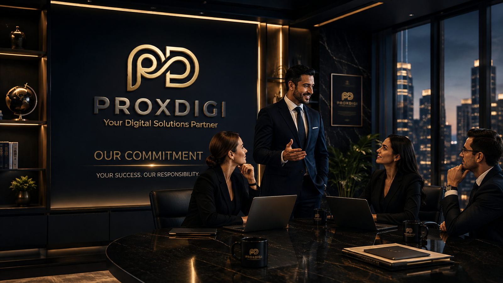 ProxDigi Our Commitment introduction with premium executive boardroom scene