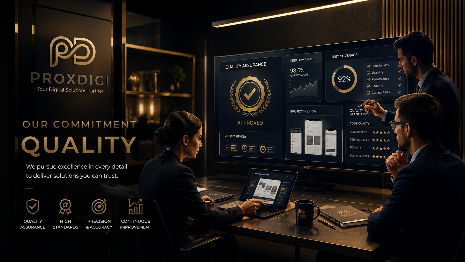 ProxDigi commitment to quality represented by a quality assurance review scene