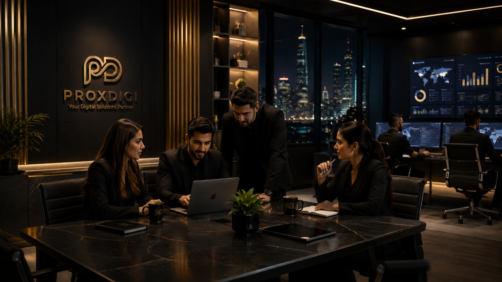 ProxDigi team collaborating in a premium digital agency workspace