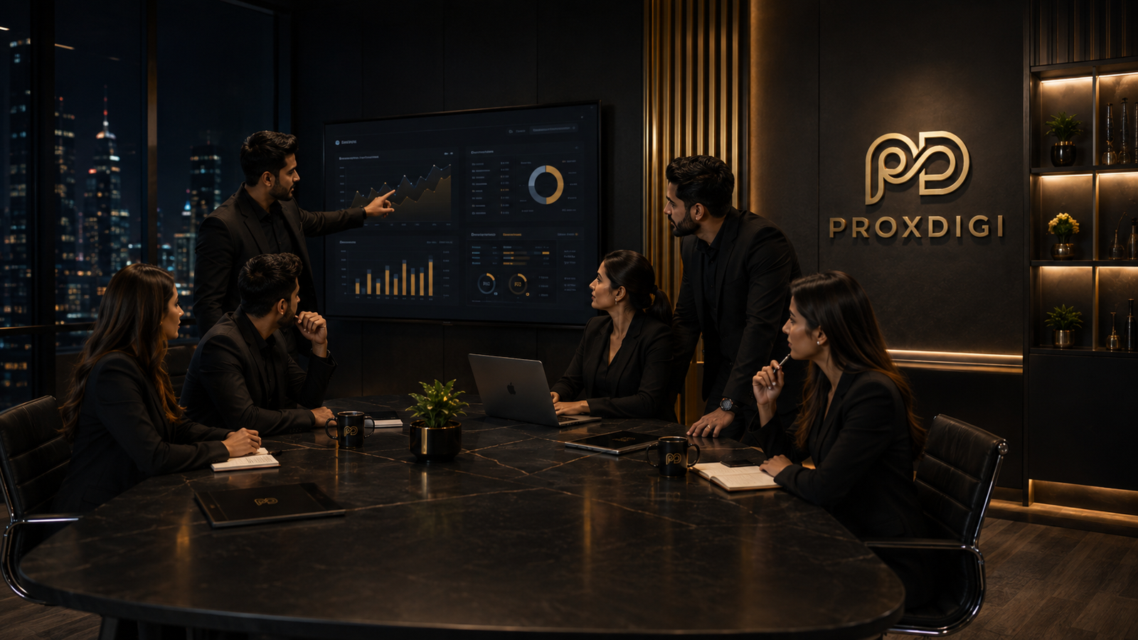 ProxDigi professionals collaborating around a digital strategy presentation